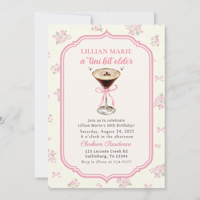 Convite Tini Bit Older Espresso Martini Coquette Birthday (Frente)