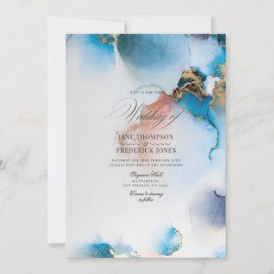 Convite Tinta Alcoólica Azul e Dourado Elegante com Acento