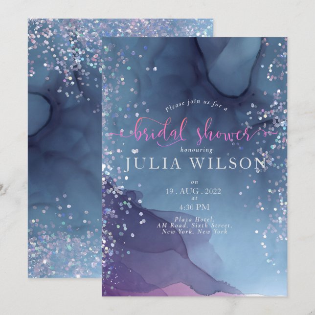 Convite Tinta alcoólica azul e roxa com brilho místico (Frente/Verso)