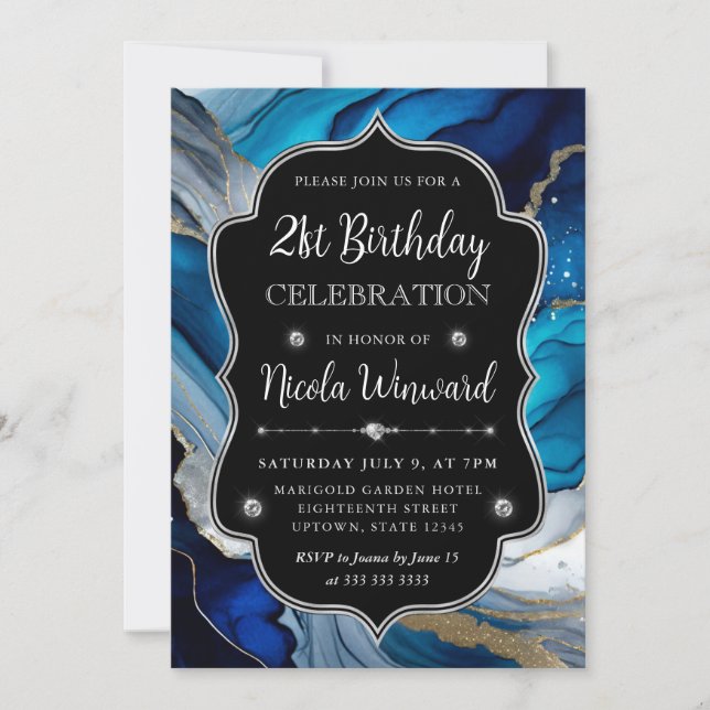 Convite Tinta Alcoólica Azul, Prata e Dourada Aniversário  (Frente)