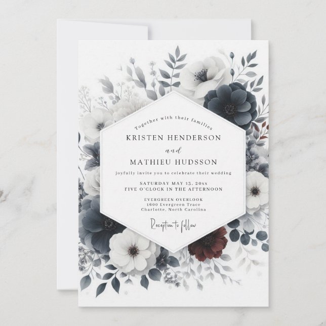 Convite Tinta Azul Desbotada Floral Casamento (Frente)