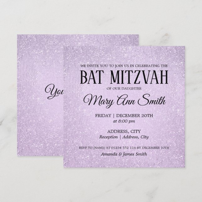 Convite Tinta brilhante de Lavanda Elegante Mitzvah Faux (Frente/Verso)