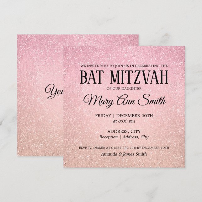 Convite Tinta Cintilante De Bat Rosa Mitzvah Faux Faux (Frente/Verso)