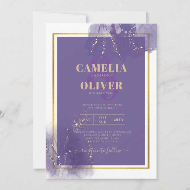 Convite TINTA DE ÁLCOOL DE Lavanda DOURADA DE Casamento Le (Frente)