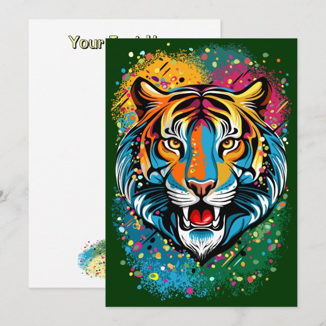 Convite Tinta de cores Arco-íris Cabeça de Tigre (Frente/Verso)
