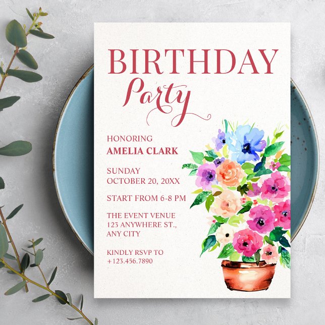 Convite Tinta de vaso floral de aniversário  (Criador carregado)