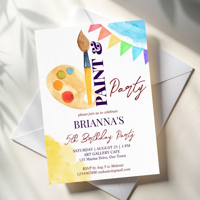 Convite Tinta e arte em festa modelo (Paint and party art themed birthday party invitation template instant download colorful pallet brush)