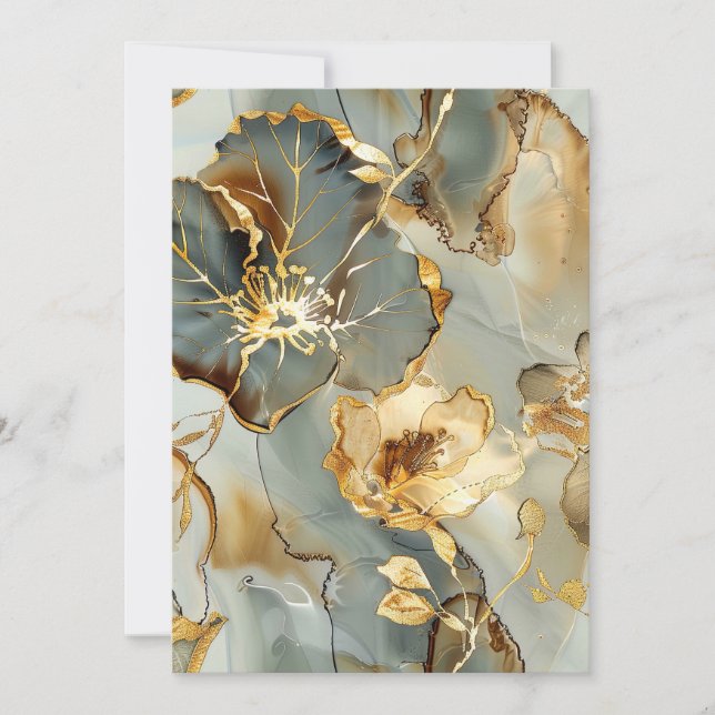 Convite Tinta Floral Azul Dourada em Aquarela (Frente)