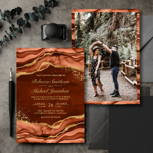 Convite Tinta Fluida Dourada Terracota Foto Casamento