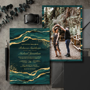 Convite Tinta Fluida Dourada Turquesa Foto Casamento