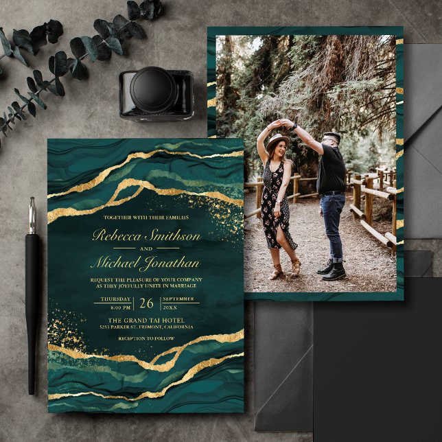 Convite Tinta Fluida Dourada Turquesa Foto Casamento (Criador carregado)