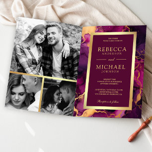 Convite Tinta Fluida Roxo Dourado Ameixa Código QR Casamen