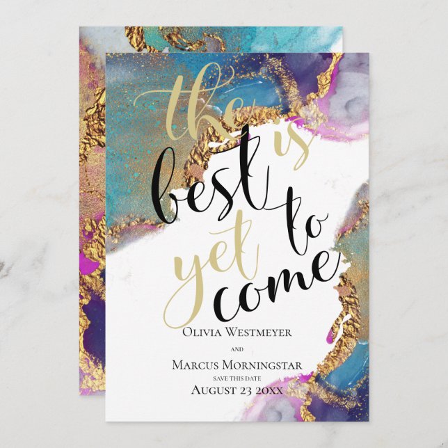 Convite Tinta magenta com abstrato marmoreado Azul Salve a (Frente/Verso)