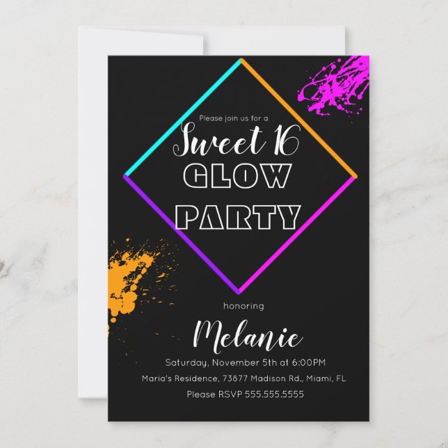 Convite Tinta Multilaser Neon Glow Sweet 16 no Escuro (Frente)