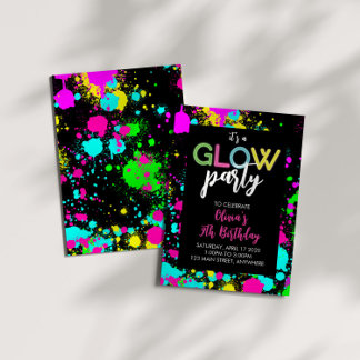 Convite Tinta Neon Brilho Manchas de Aniversário
