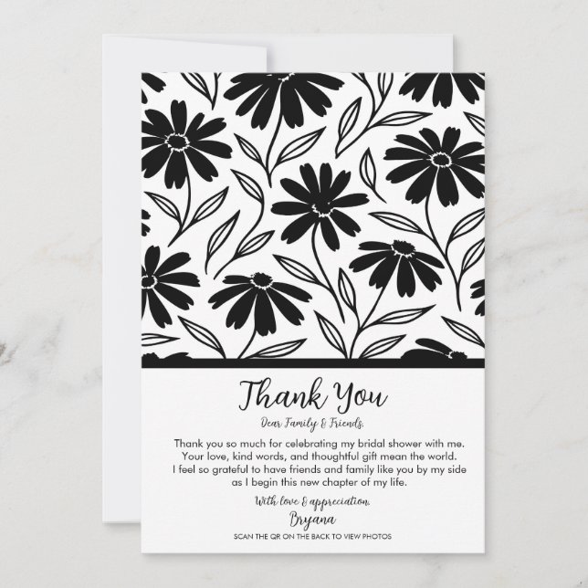 Convite Tinta Preta Daisies Boho Agradecimento Chá de Noiv (Frente)