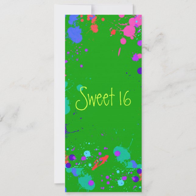 Convite Tinta Salpicada Neon Brilhante Sweet 16, (Frente)