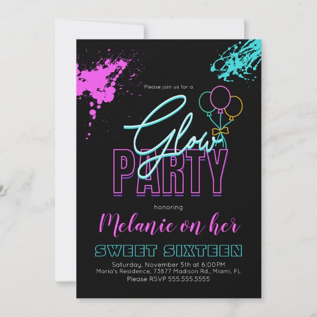Convite Tinta Salpicada Sweet 16 Neon Brilho no Escuro (Frente)