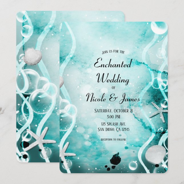 Convite Tinta Splash Teal Aquarela Casamento Submarino (Frente/Verso)