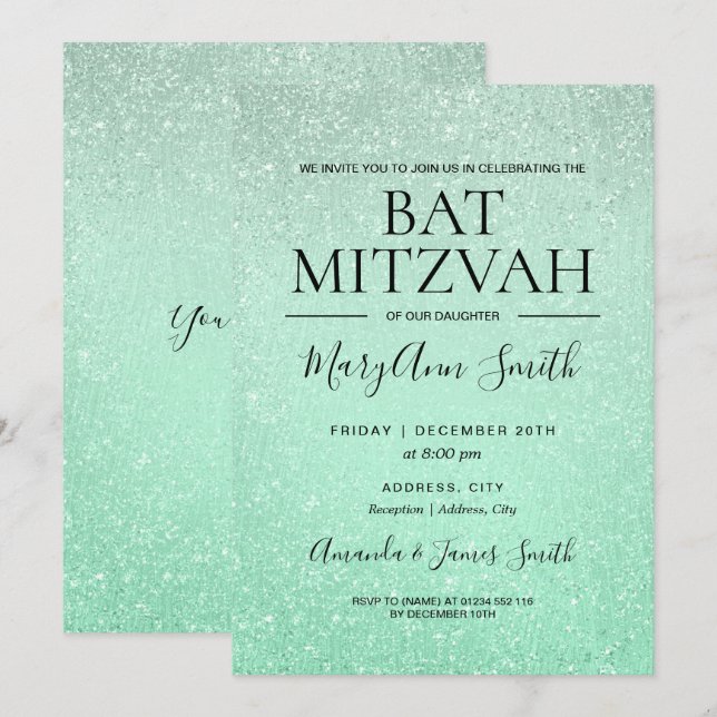 Convite Tinta Verde Do Bat Mitzvah Faux (Frente/Verso)
