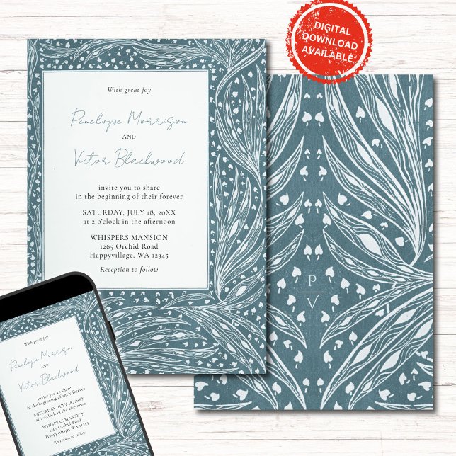 Convite Tiny Heart Leaves Frame on Teal Wedding Invitation (Criador carregado)