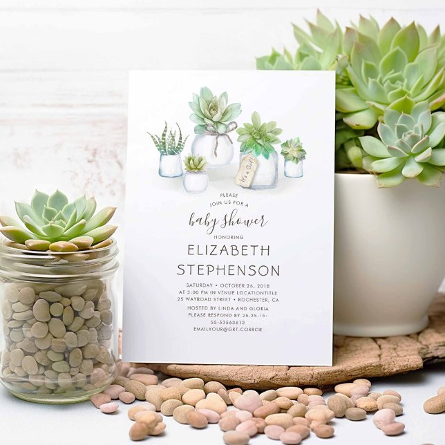 Convite Tiny Succulents Mason Jars Chá de fraldas Russo (Succulents Mason Jars Cute Rustic Baby Shower Invitations)