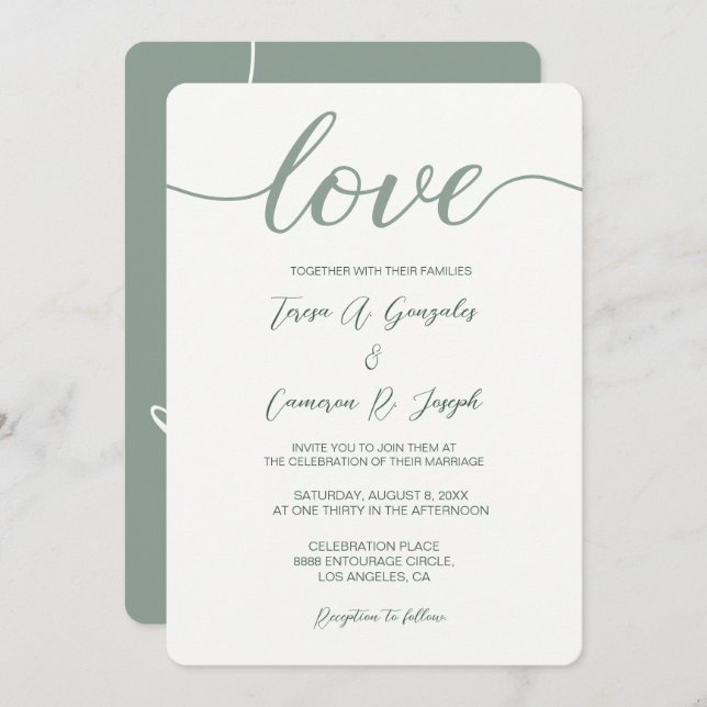Convite Típica de Casamento de Script de Amor, Sage Green (Frente/Verso)
