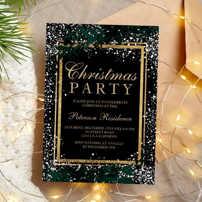 Convite Típica de ouro em chic folha neve elegante Natal (Chic gold typography leaf snow elegant Christmas Invitation)