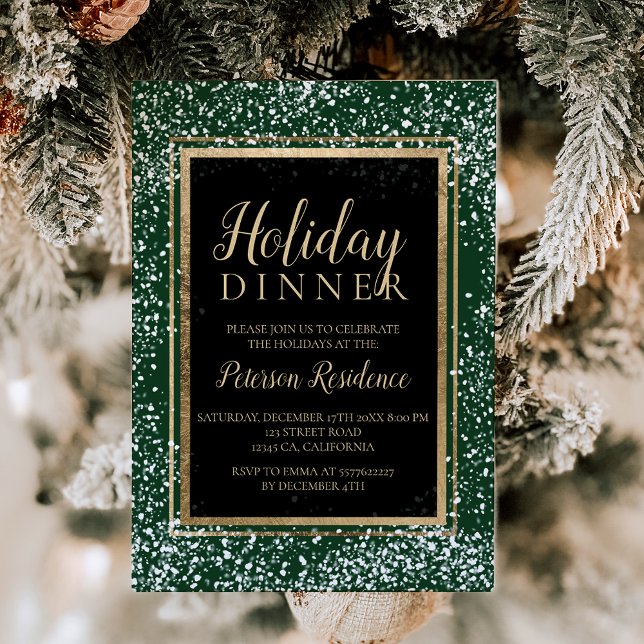 Convite Típica de ouro em forma verde para festas de neve (Chic gold typography snow holiday party green invitation)