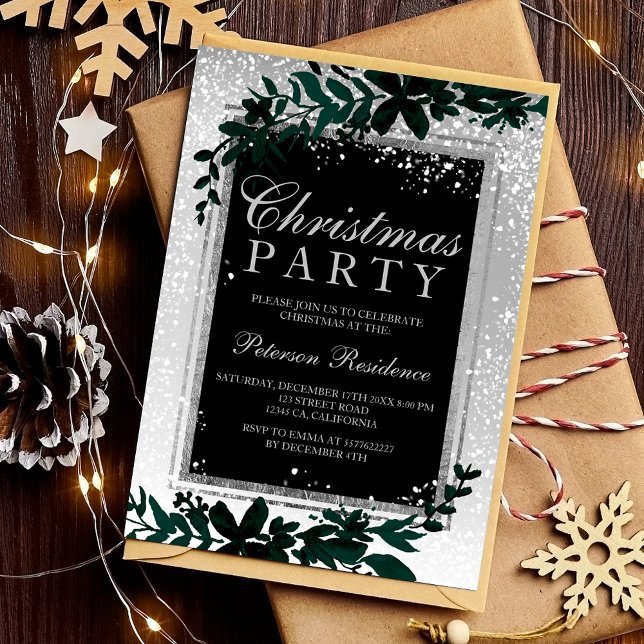 Convite Típica de prata neve elegante Natal (Silver typography leaf snow elegant chic Christmas Invitation)