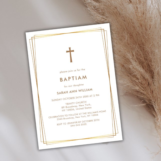 Convite Típica Dourada Elegante Batismo Cruzado (Elegant Gold Typography Cross Frame Baptism Invitation)