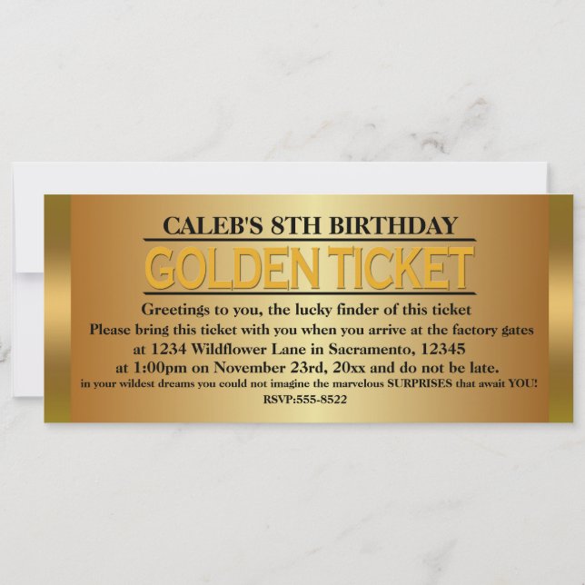 Convite TIPO DE BILHETE DORADO Invitación a Cumpleaños (Frente)
