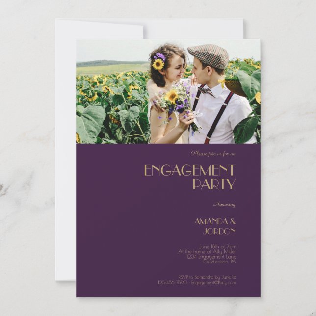 Convite Tipo Dourado Deco Dark Purple Festa de noivado Fot (Frente)