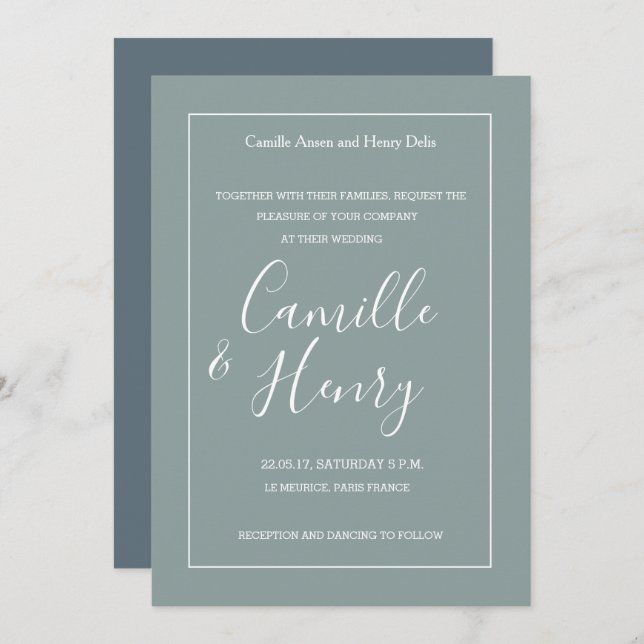 Convite Tipo elegante Spruce, casamento moderno azul verde (Frente/Verso)