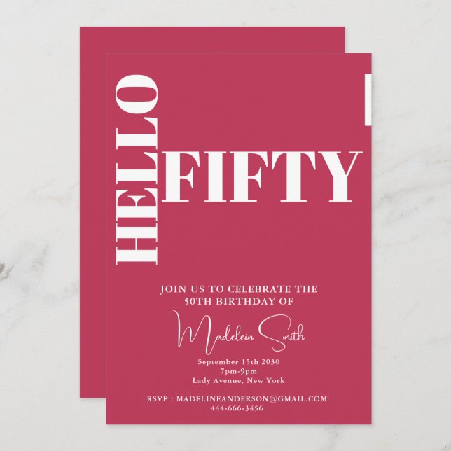 Convite Tipografia a negrito Magenta Moderno 50º aniversár (Frente/Verso)