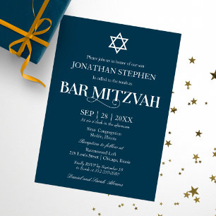 Convite Tipografia Branca Moderna Sobre Bar Mitzvah Azul