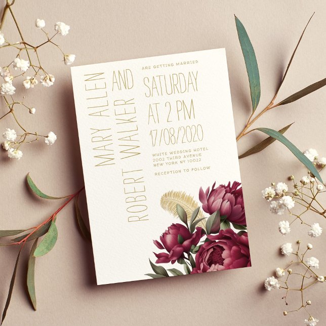 Convite Tipografia Burgundy gold peonies floral casamento (Typography burgundy gold peonies floral wedding)