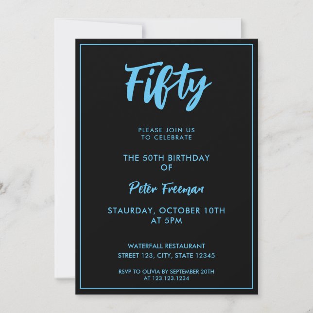 Convite Tipografia Chic Black & Blue 50th Birthday (Frente)
