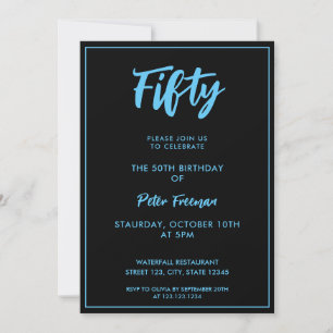 Convite Tipografia Chic Black & Blue 50th Birthday