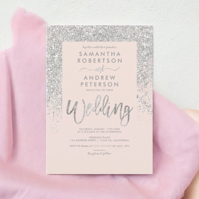 Convite Tipografia com brilho prateado casamento rosa-clar (Silver glitter typography blush pink wedding invitation)