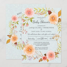 Convite Tipografia Damask Azul e Rosa Floral Aquarela