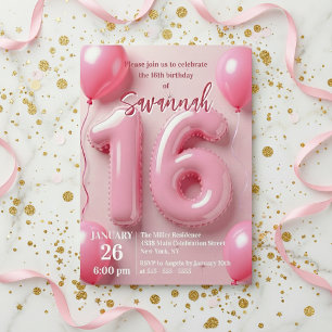 Convite Tipografia de Balão de Folha Rosa Aniversário Swee