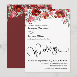 Convite Tipografia de Casamento com Flores Vermelhas Burgu