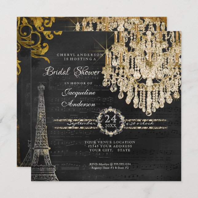 Convite Tipografia de Chandelier Torre Eiffel chá de panel (Frente/Verso)