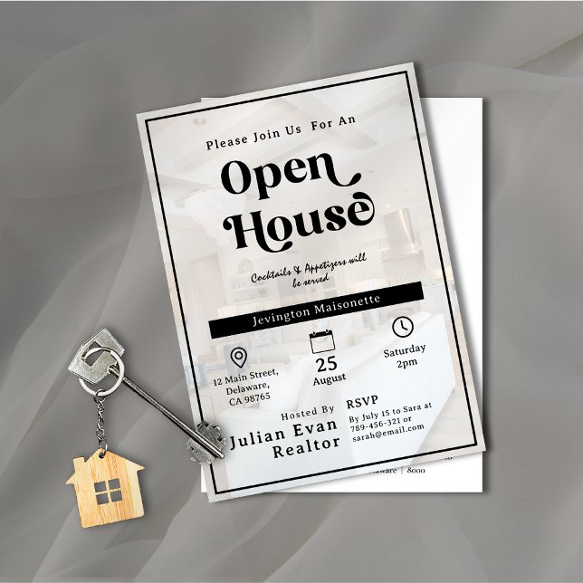 Convite Tipografia de fundo com fotografia de propriedade  (Property Photo Background Typography Open House Invitation)