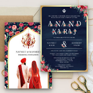 Convite Tipografia de Rosas Vermelhas Casamento Sikh Blue