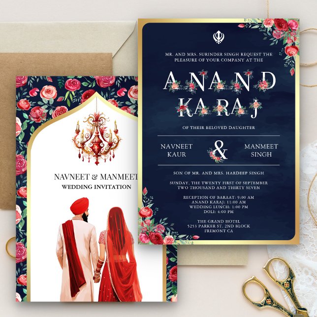 Convite Tipografia de Rosas Vermelhas Casamento Sikh Blue  (Criador carregado)