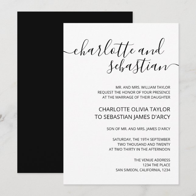 Convite Tipografia de Script Manuscrito Preto-Branco Elega (Frente/Verso)