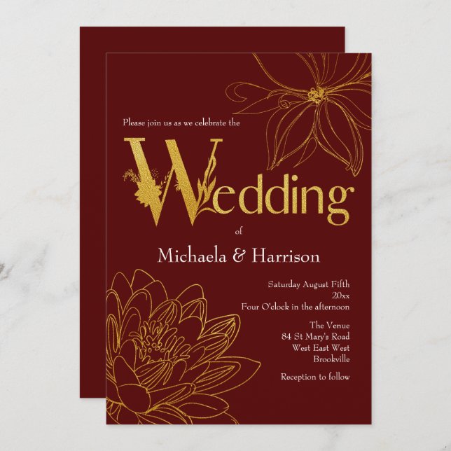 Convite Tipografia do Casamento Floral Dourado e Borgonha (Frente/Verso)