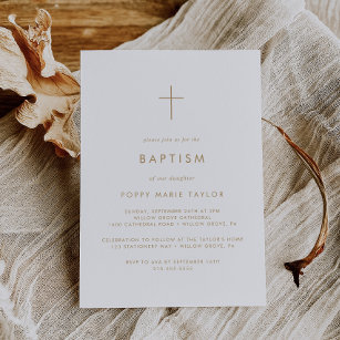 Convite Tipografia Dourada Chic - Cruz Batismo 